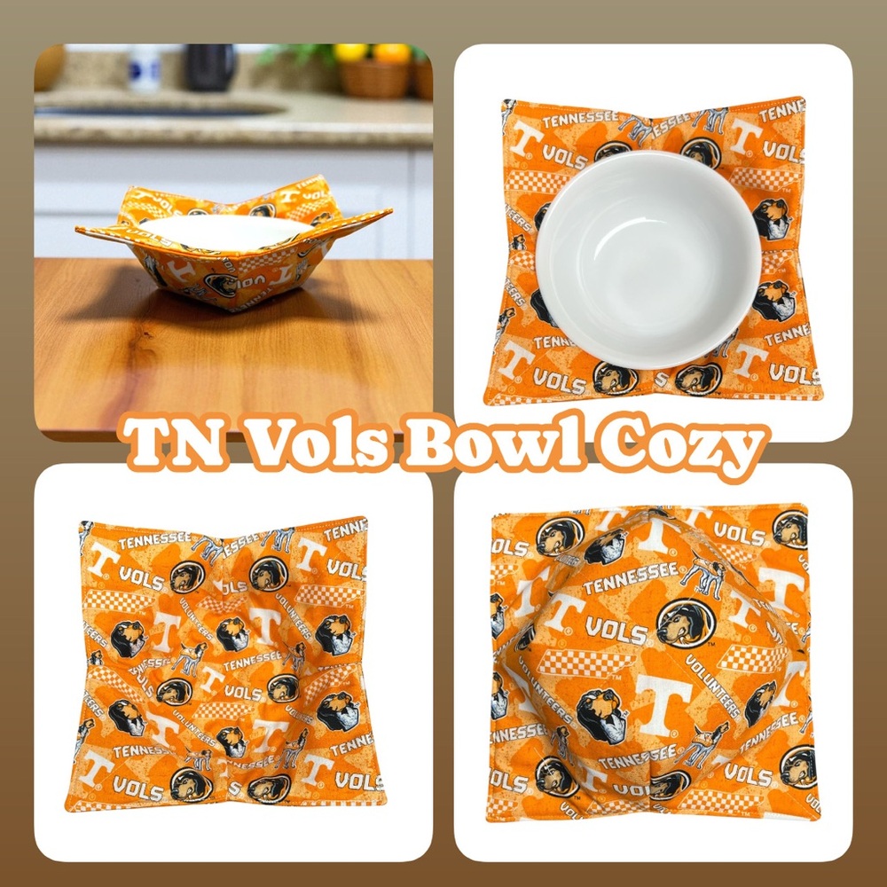 Hand Crafted Tennessee Vols Bowl Cozy Bowl Holder Microwavable Reversible Orange - Picture 5 of 12